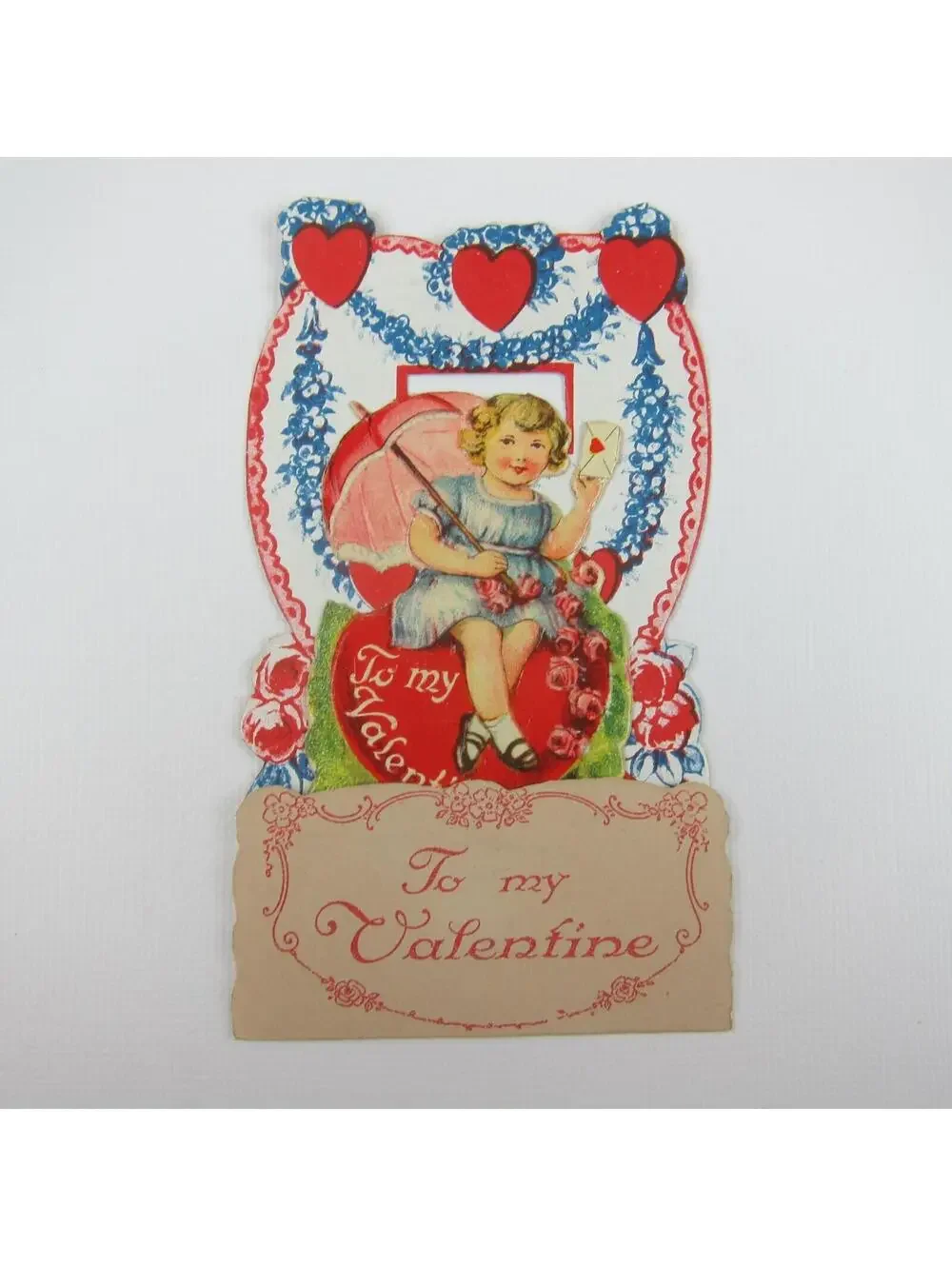 Vintage Valentine 3D Pop Up Die Cut Blonde Girl Blue Dress Red Umbrella & Hearts